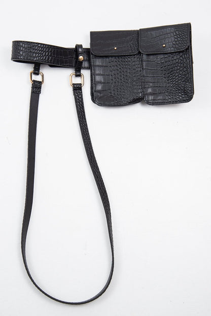 Black Faux Croc Double Pouch Belt Bag - Raffaela