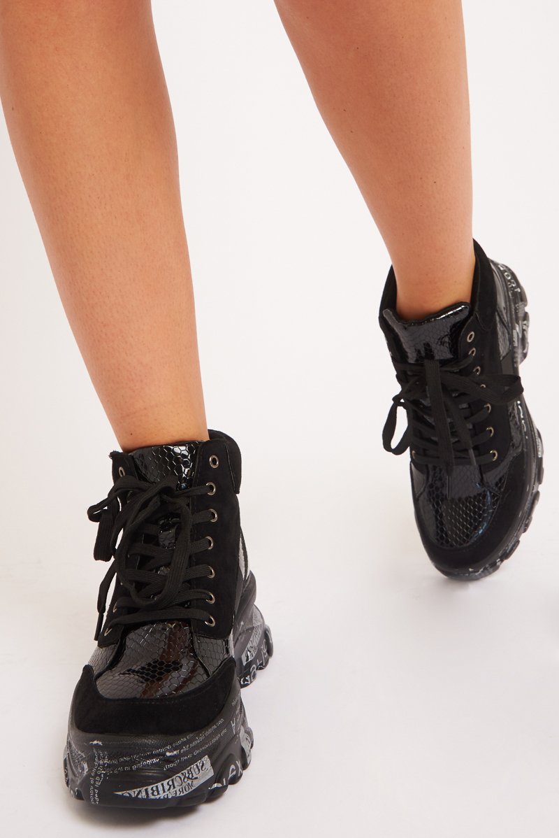 Black Faux Croc Patent Slogan Printed Sole Boots - Maddyson