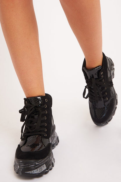Black Faux Croc Patent Slogan Printed Sole Boots - Maddyson
