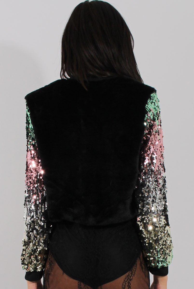 Black Faux Fur Sequined Bomber - Deana