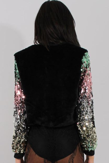 Black Faux Fur Sequined Bomber - Deana