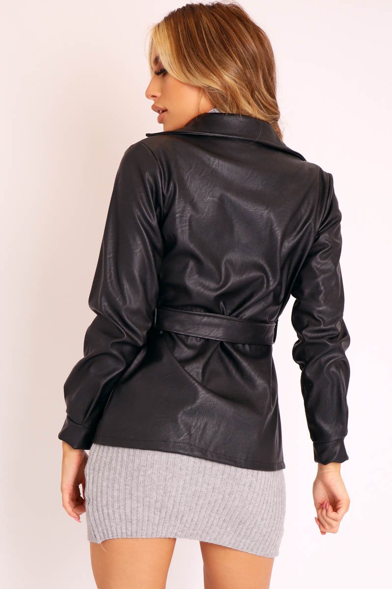 Black Faux Leather Belted Blazer Jacket - Lissa