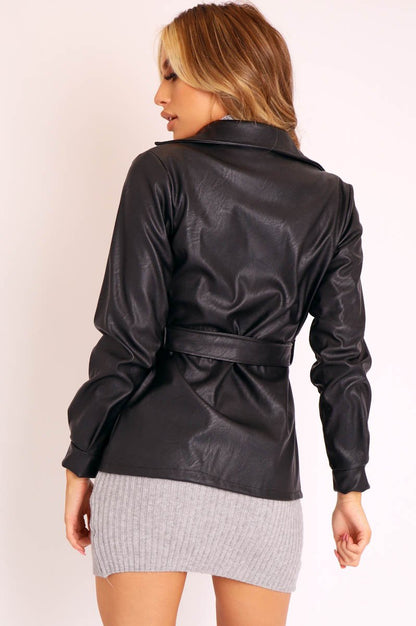 Black Faux Leather Belted Blazer Jacket - Lissa