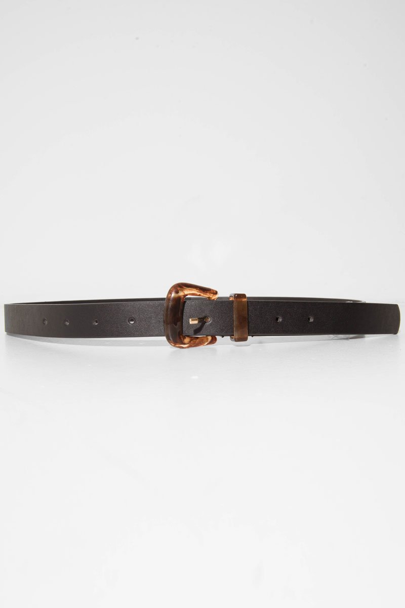 Black Faux Leather Brown Tortoise Shell Buckle Belt - Carsen