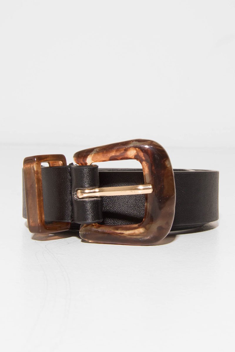 Black Faux Leather Brown Tortoise Shell Buckle Belt - Carsen