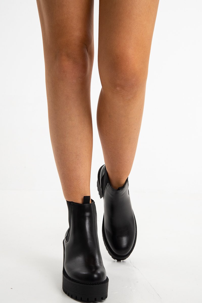 Black Faux Leather Chunky Sole Block Heel Boots - Sofie
