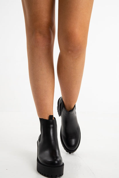 Black Faux Leather Chunky Sole Block Heel Boots - Sofie