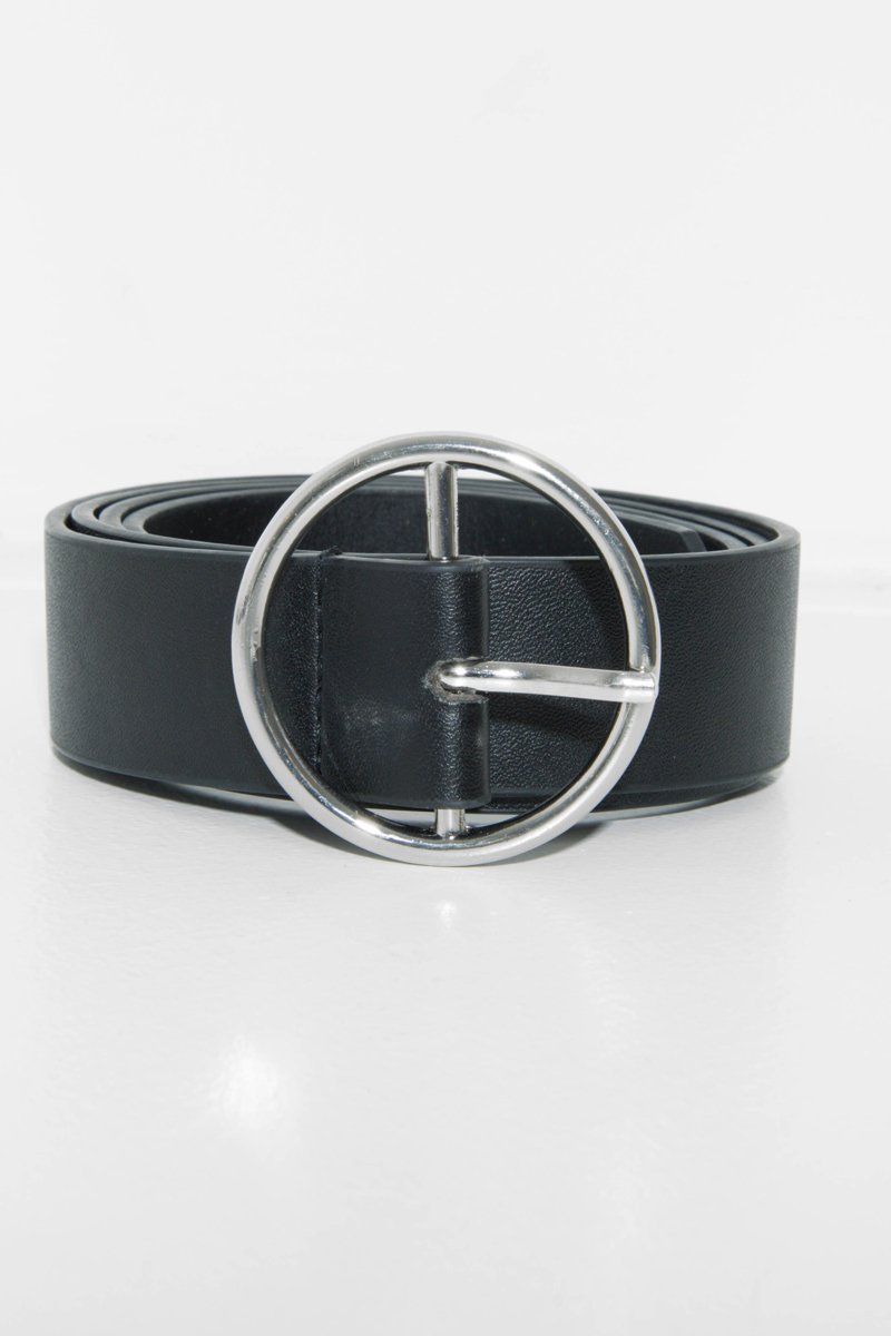Black Faux Leather Circle Buckle Belt - Inza