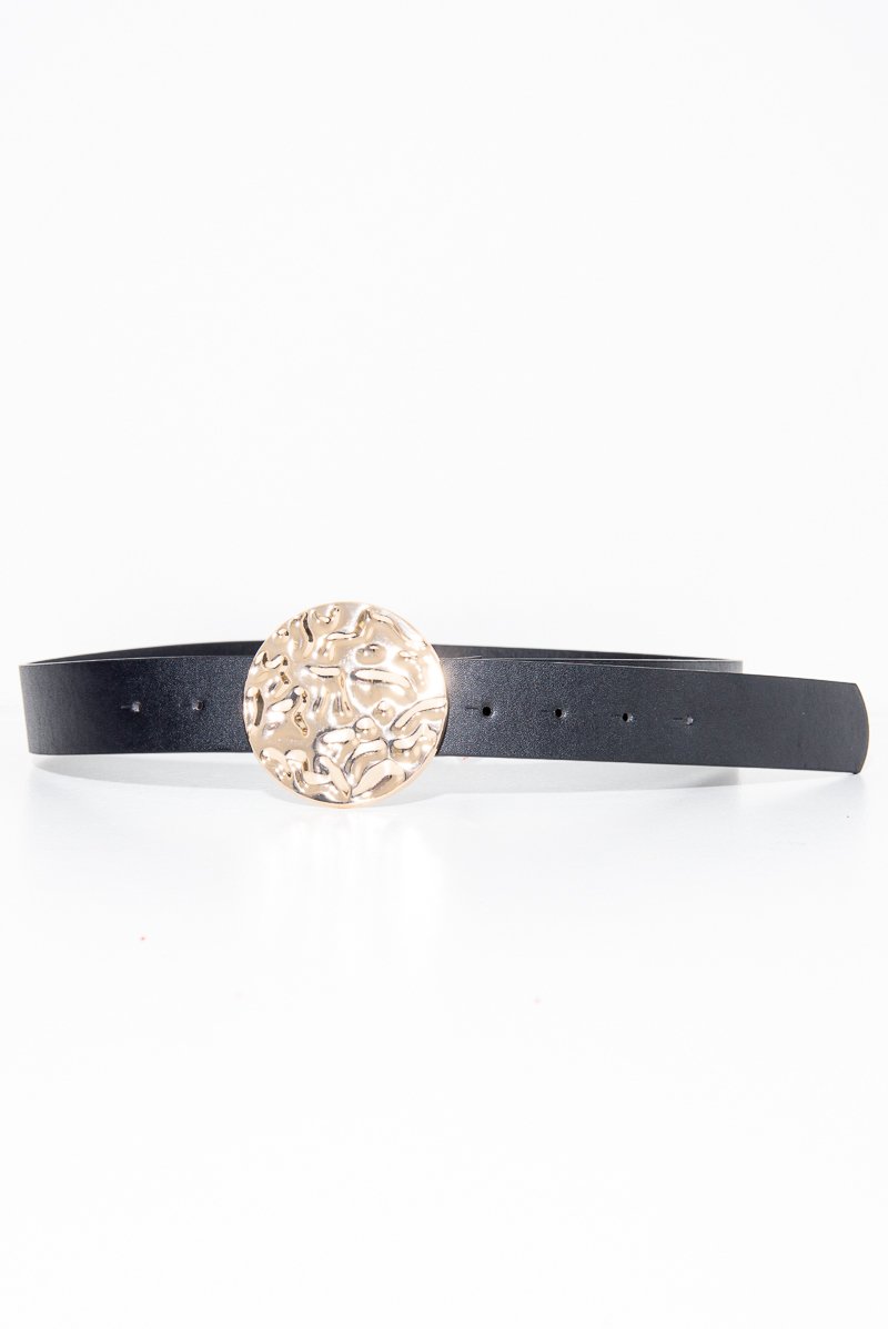 Black Faux Leather Gold Hammered Disc Belt - Melyssa
