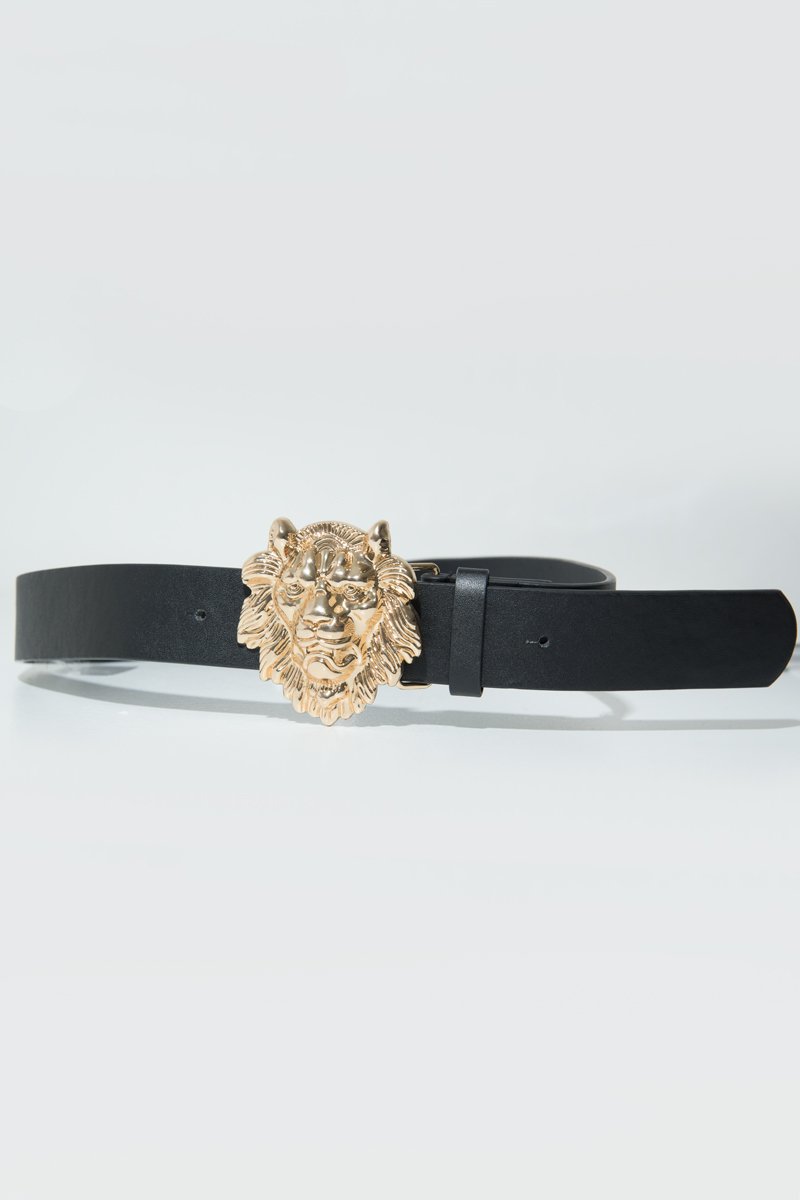 Black Faux Leather Gold Lion Head Buckle - Noha