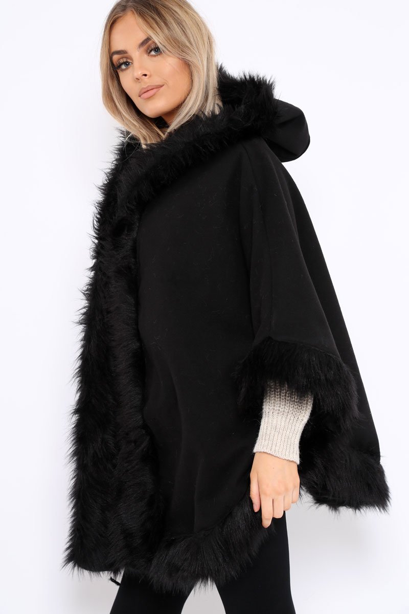 Black  Fur Trim Poncho - Autumn