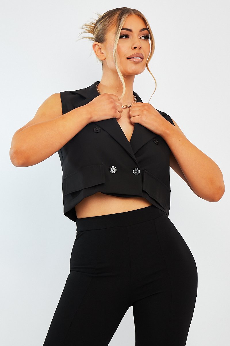 Black Cropped Sleeveless Blazer Top - Frankiee