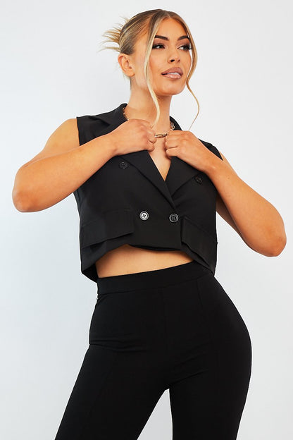 Black Cropped Sleeveless Blazer Top - Frankiee