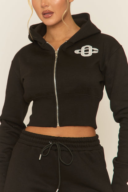 Black Contrast Motif Cropped Hoodie and Joggers Loungewear Set - Sameen
