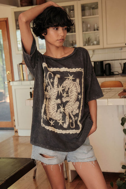 Twin Tigers Vintage-Wash Oversize Graphic Tee