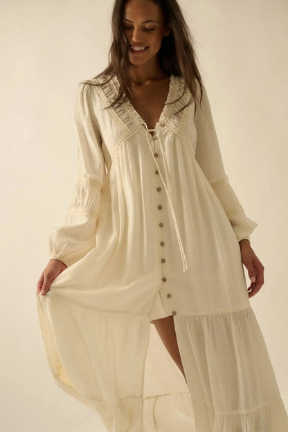 Love Abounds Button-Up Balloon-Sleeve Maxi Dress