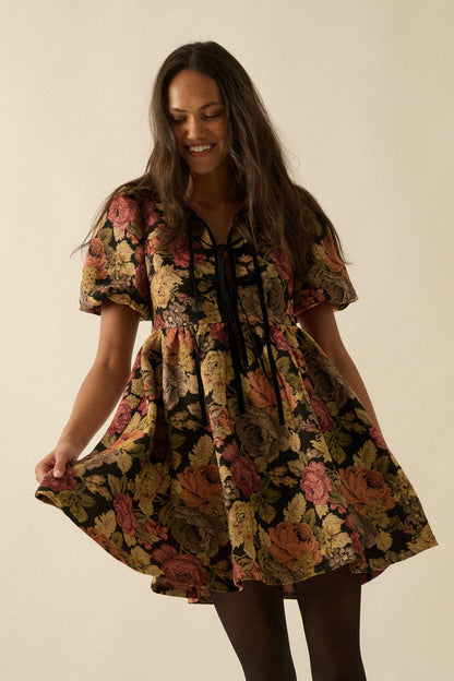 Sunset Harvest Floral Tapestry Babydoll Mini Dress