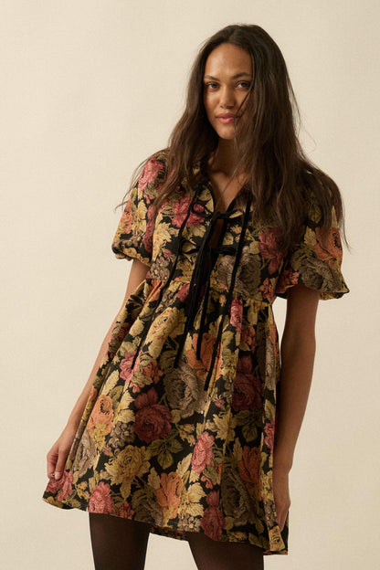 Sunset Harvest Floral Tapestry Babydoll Mini Dress