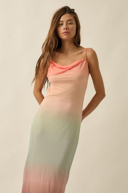Sunset Symphony Ombre Mesh Cowl-Neck Maxi Dress