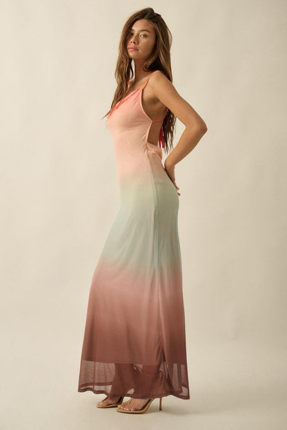 Sunset Symphony Ombre Mesh Cowl-Neck Maxi Dress