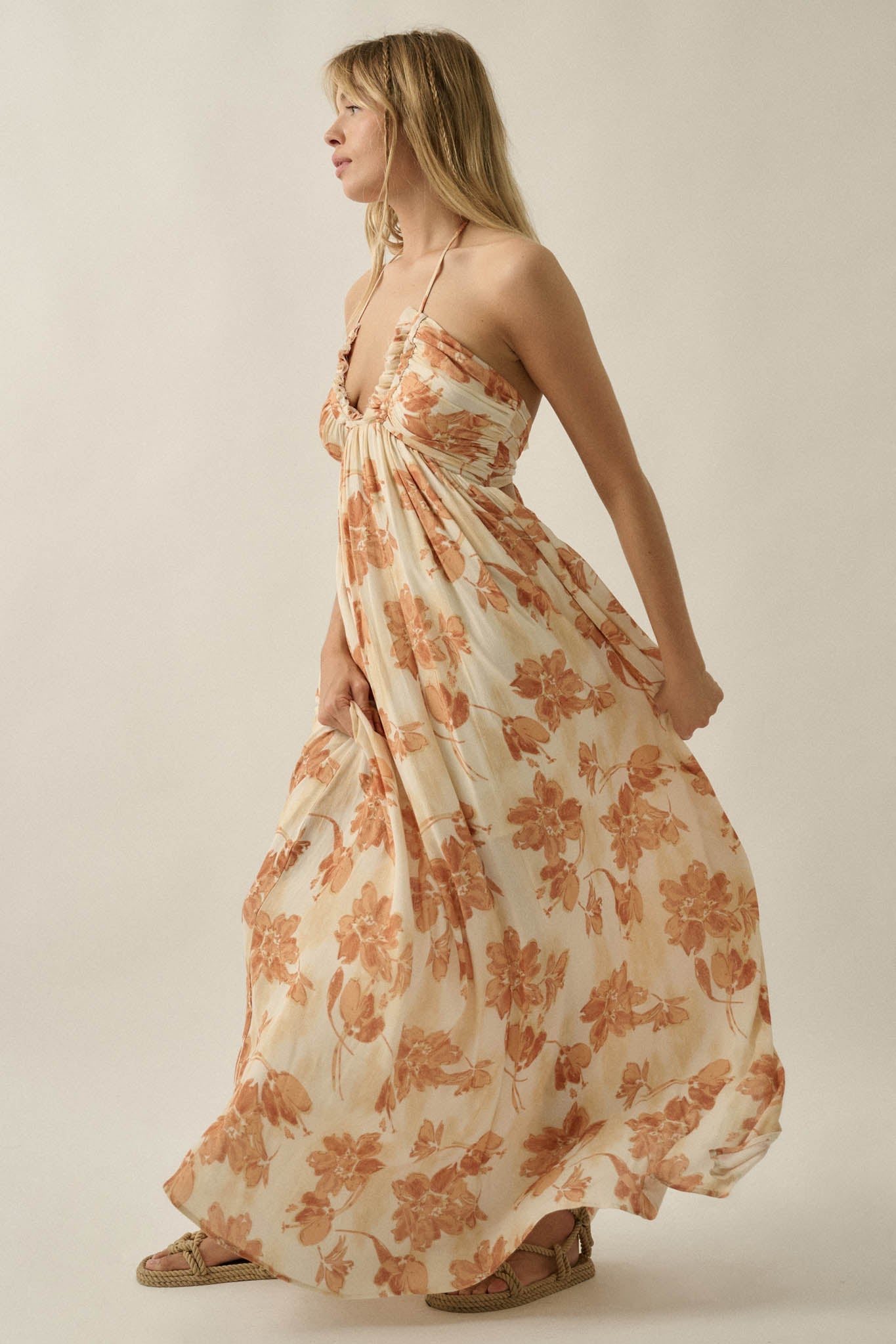 Golden Blooms Floral Tie-Back Halter Maxi Dress