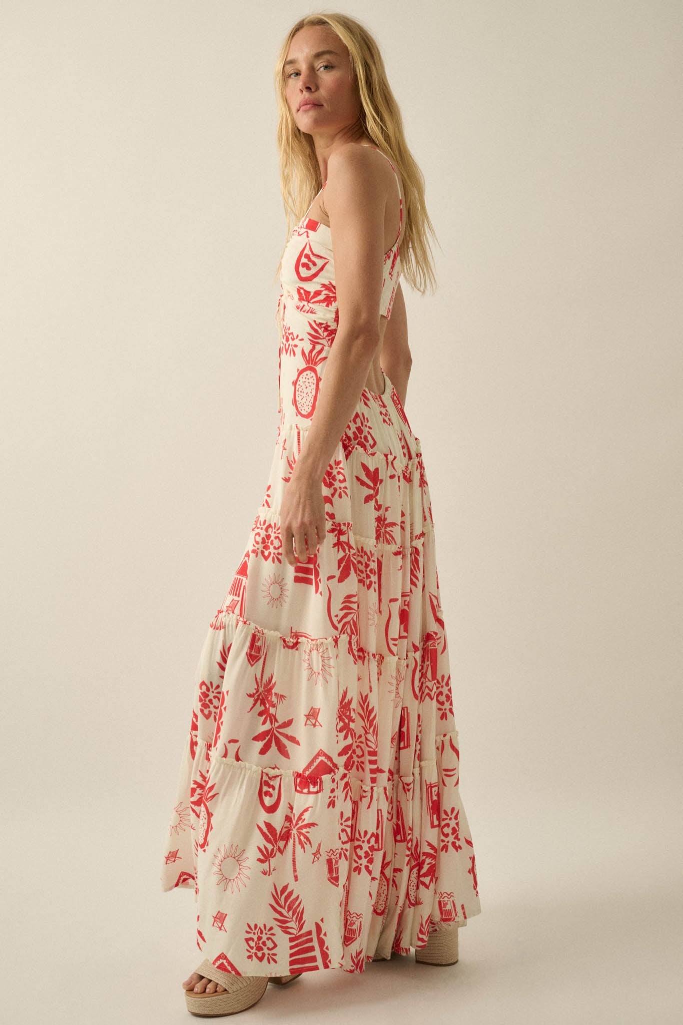 Sunny Shores Tiered Ruffle Tie-Front Maxi Dress