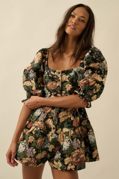 Woven Petals Floral Tapestry Puff-Sleeve Romper