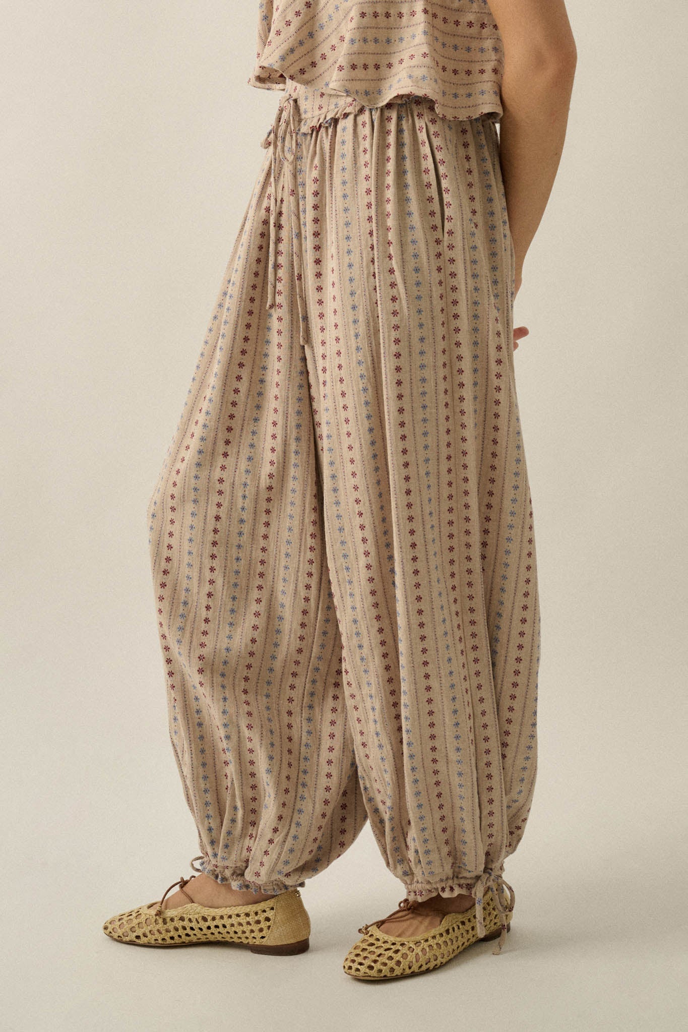 Blooming Bazaar Floral-Stripe Cotton Balloon Pants