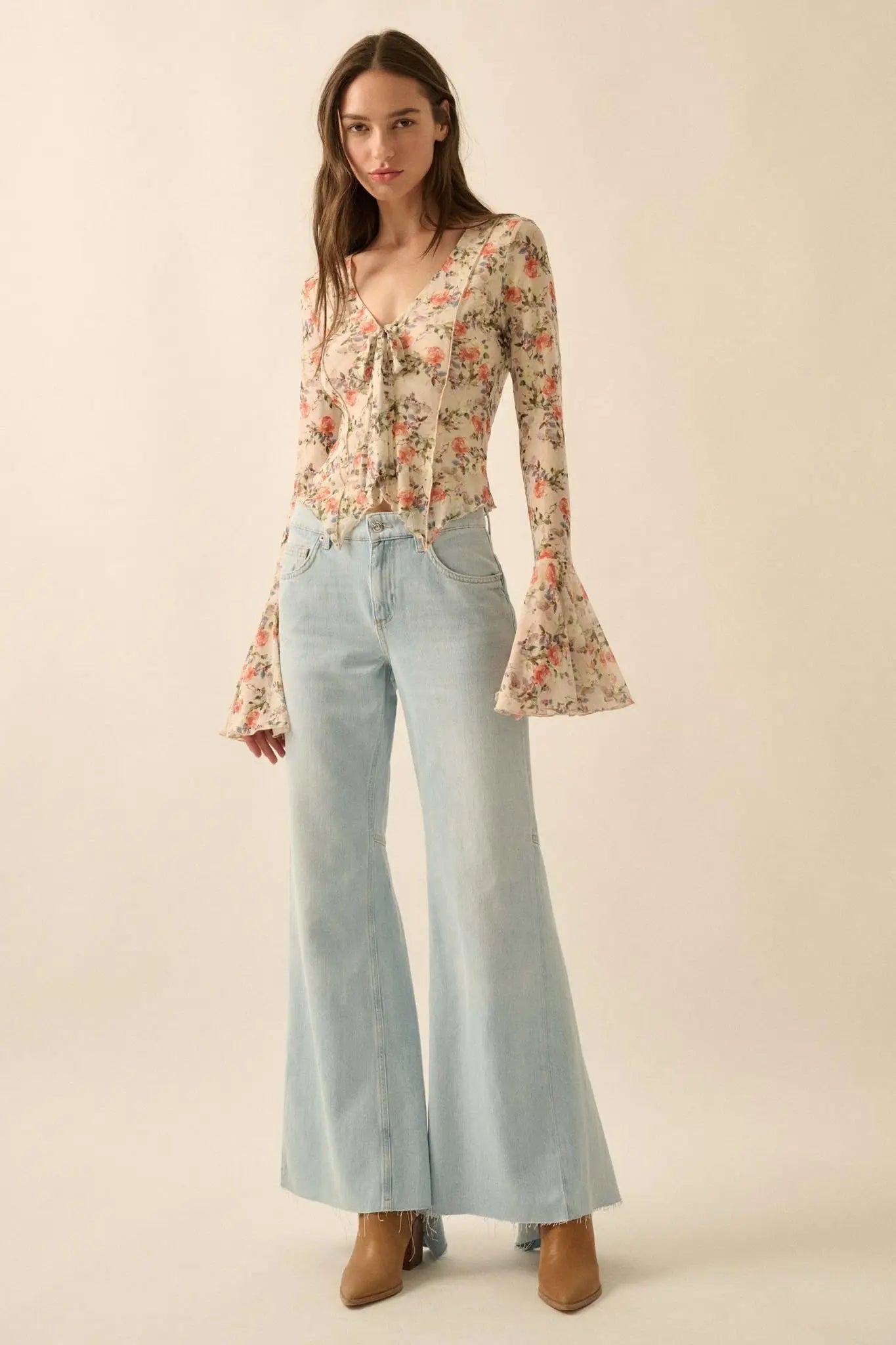 Garden Beauty Floral Mesh Bell-Sleeve Top