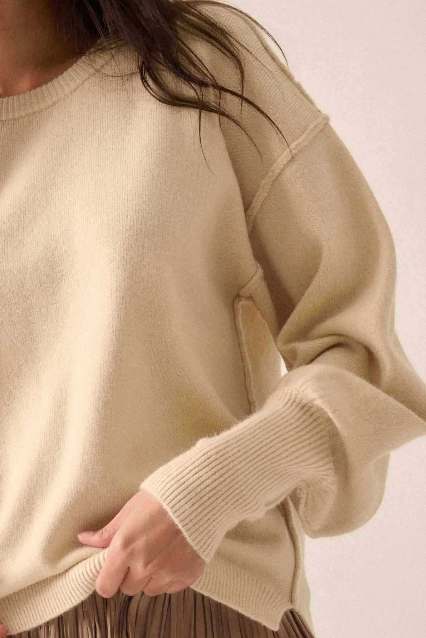 Old Soul Exposed-Seam Bishop-Sleeve Sweater