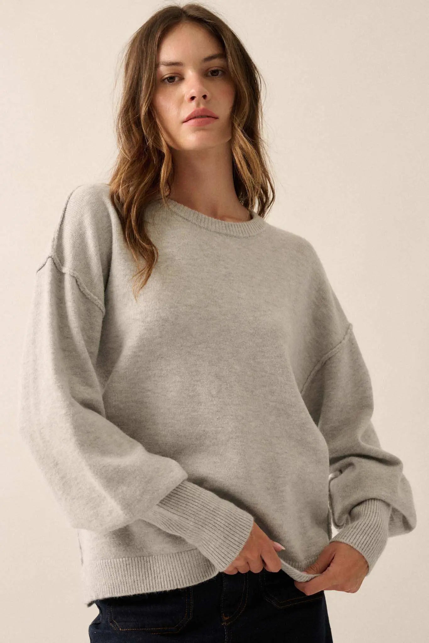 Old Soul Exposed-Seam Bishop-Sleeve Sweater