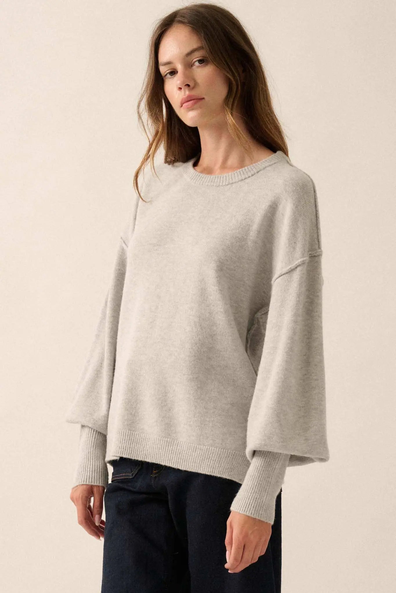 Old Soul Exposed-Seam Bishop-Sleeve Sweater