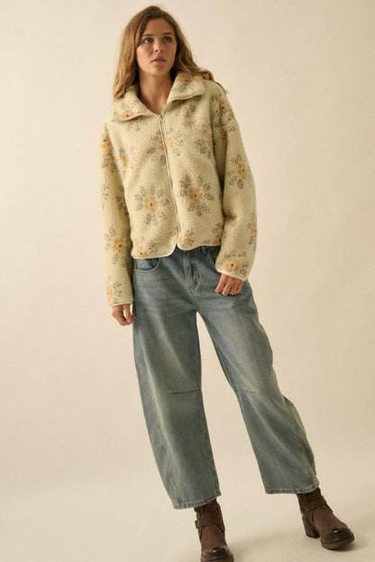 Fluffy Flowers Floral Sherpa Fleece Zip-Up Jacket