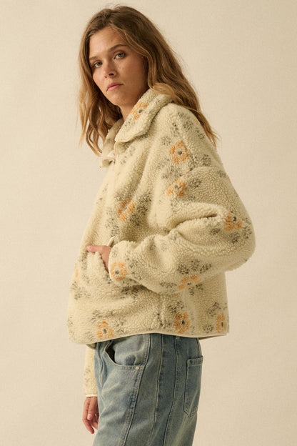 Fluffy Flowers Floral Sherpa Fleece Zip-Up Jacket