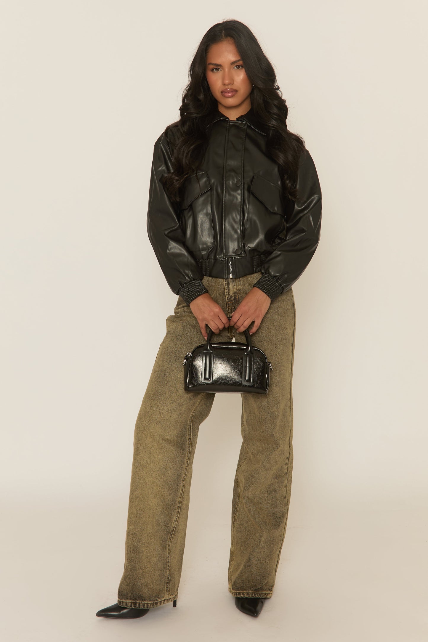 Black Faux Leather Collared Zip Front Bomber Jacket - Tamsyn