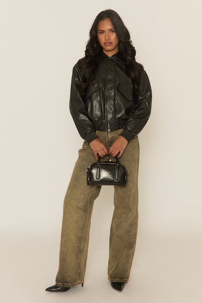 Black Faux Leather Collared Zip Front Bomber Jacket - Tamsyn