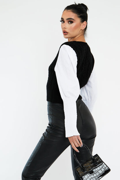 Black Contrast Sleeves Knitted Top - Mckaela
