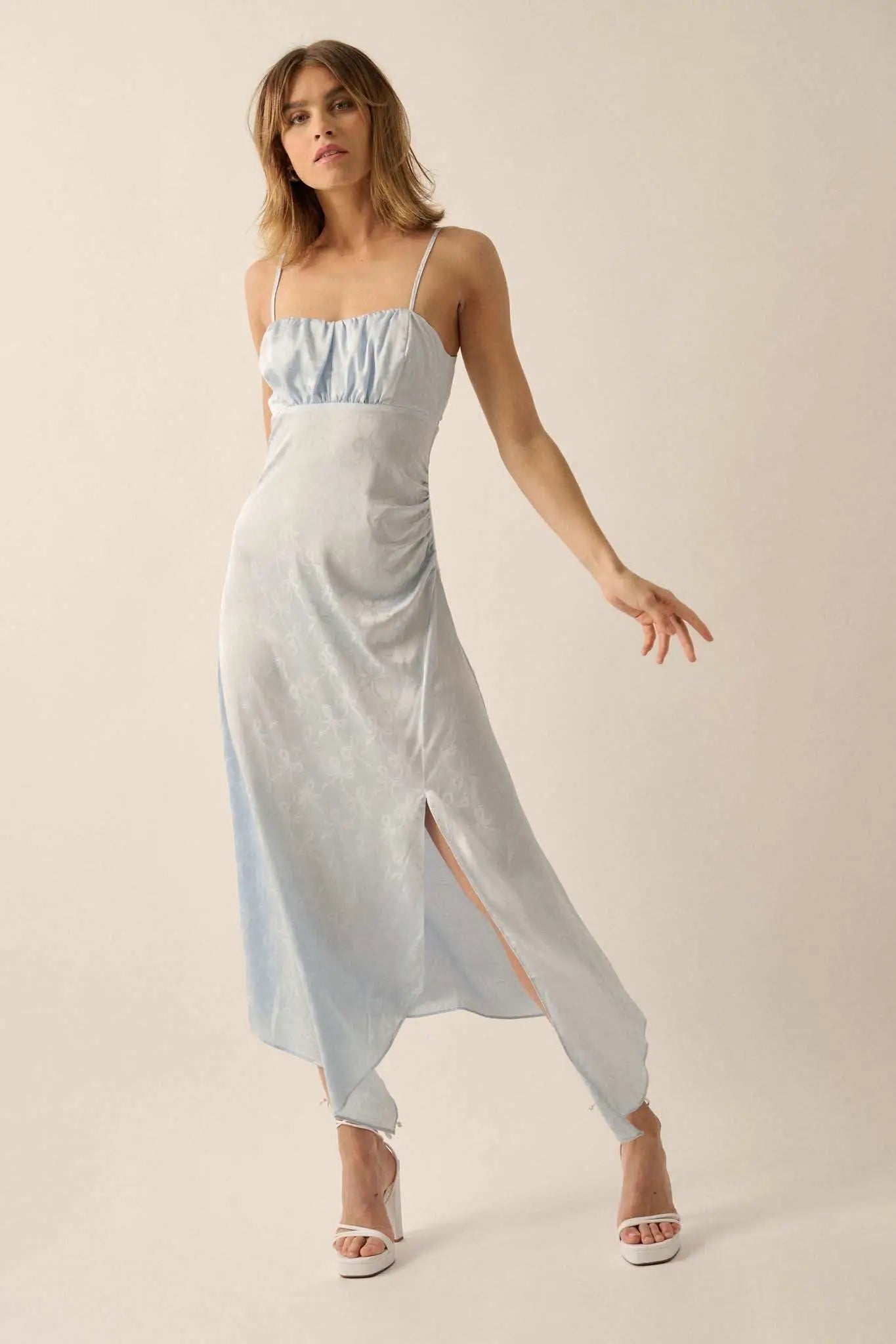 Take a Bow Satin Jacquard Asymmetrical Midi Dress