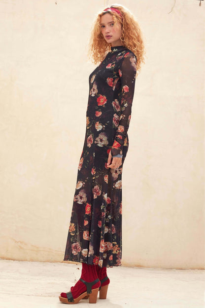 Heritage Blossoms Floral Mesh Mock-Neck Maxi Dress