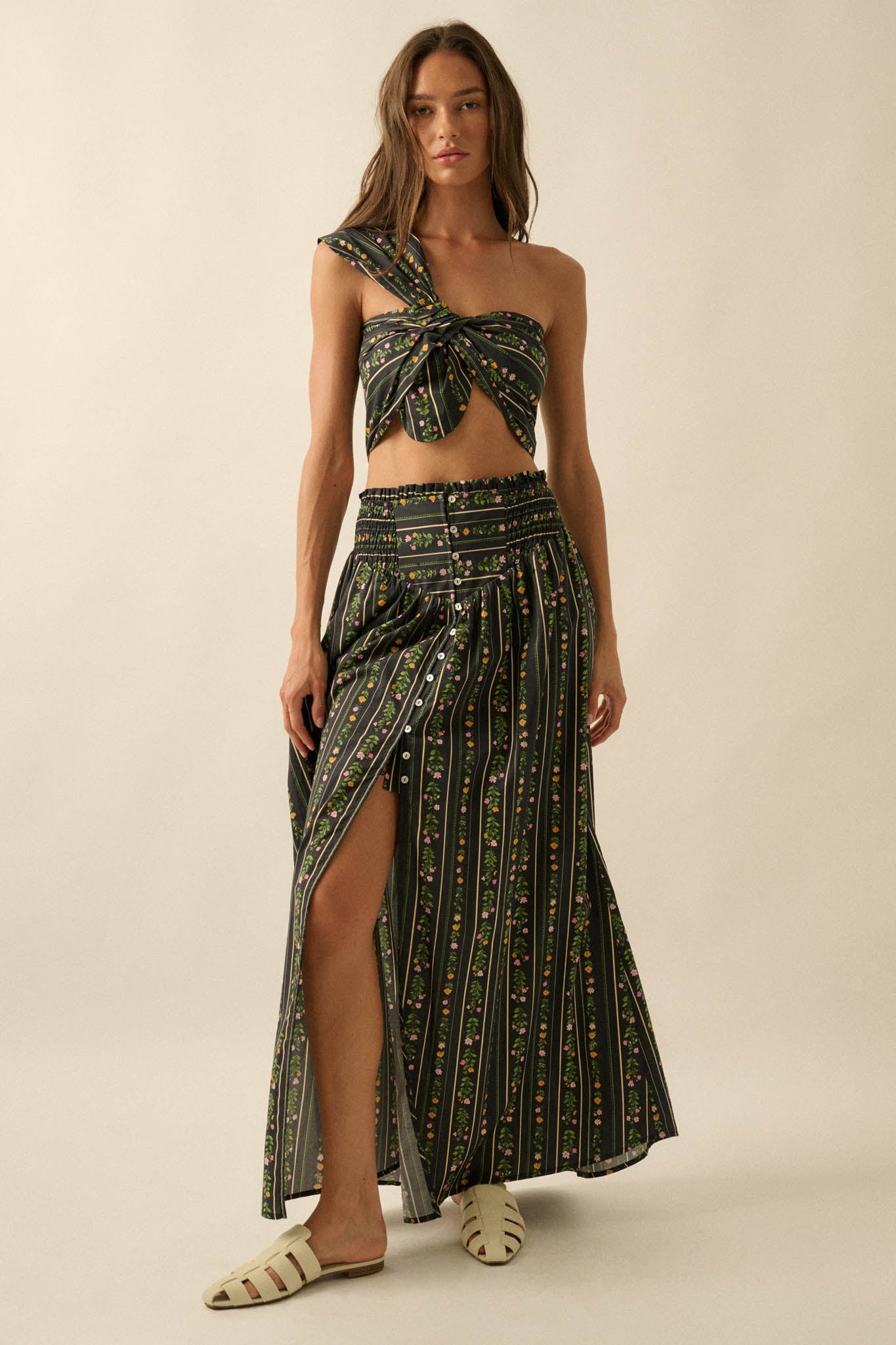 Wild Fields Floral-Stripe One-Shoulder Bandeau Top