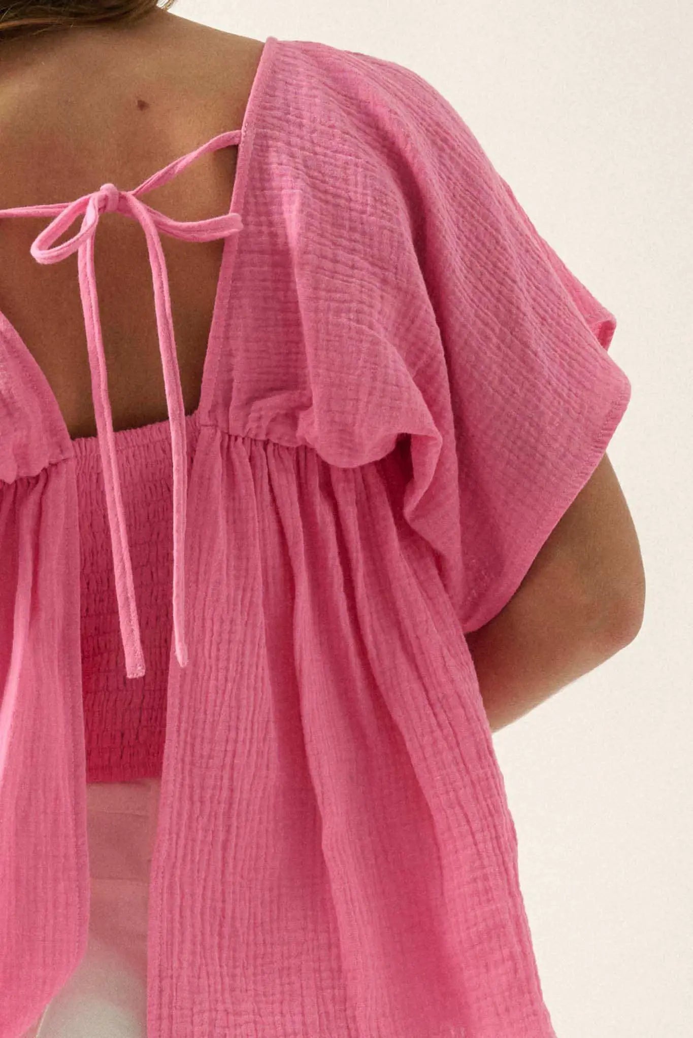 Touch of Love Crinkle Cotton Tie-Back Babydoll Top