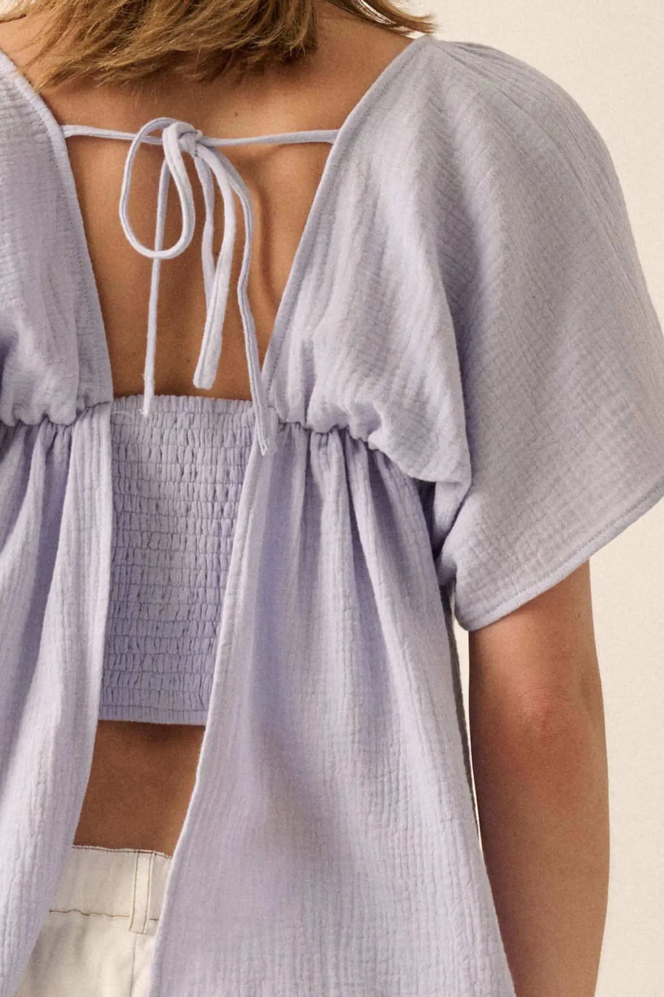 Touch of Love Crinkle Cotton Tie-Back Babydoll Top