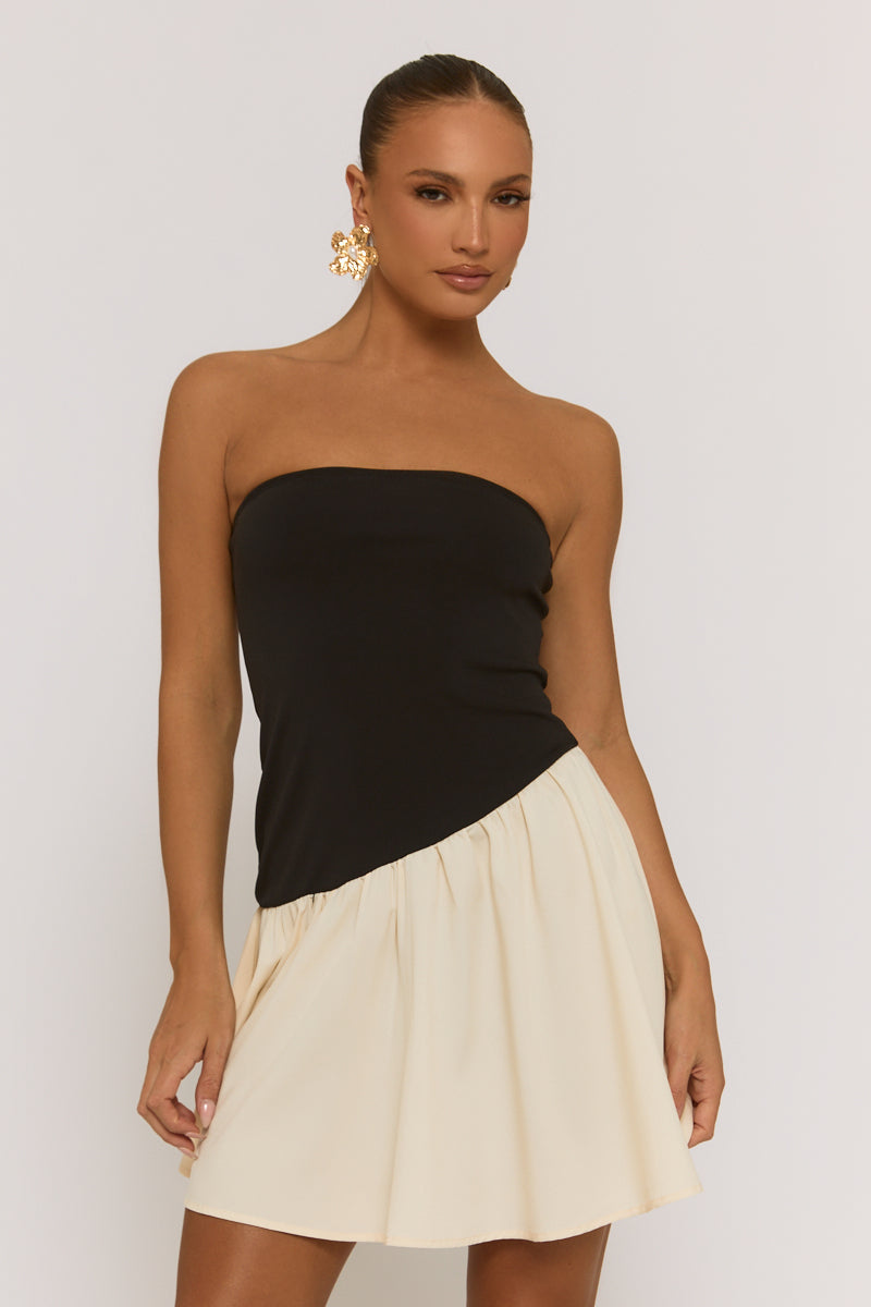 Black Contrast Asymmetric Peplum Mini Dress - Reba