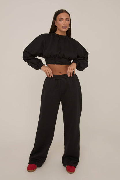 Black Crop Sweater and Wide Leg Jogger Set - Enya