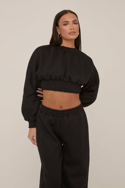 Black Crop Sweater and Wide Leg Jogger Set - Enya