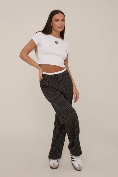 Black Contrast Stripe Wide Leg High Waisted Trousers - Leilani