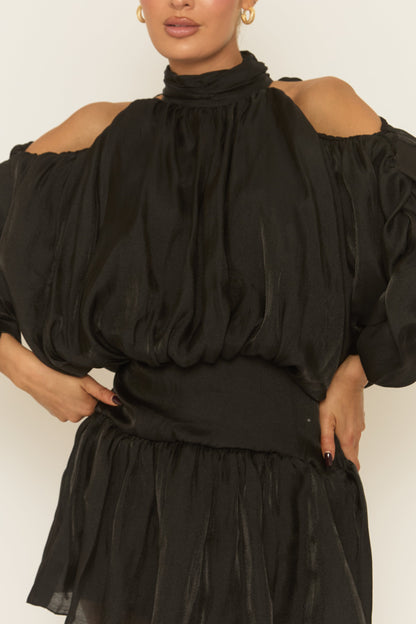 Black Cut Out Shoulder Ruffle Mini Dress - Mirianna
