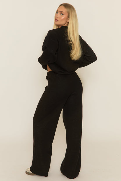 Black Contrast Motif Knit Loungewear Co-ord Set - Regan