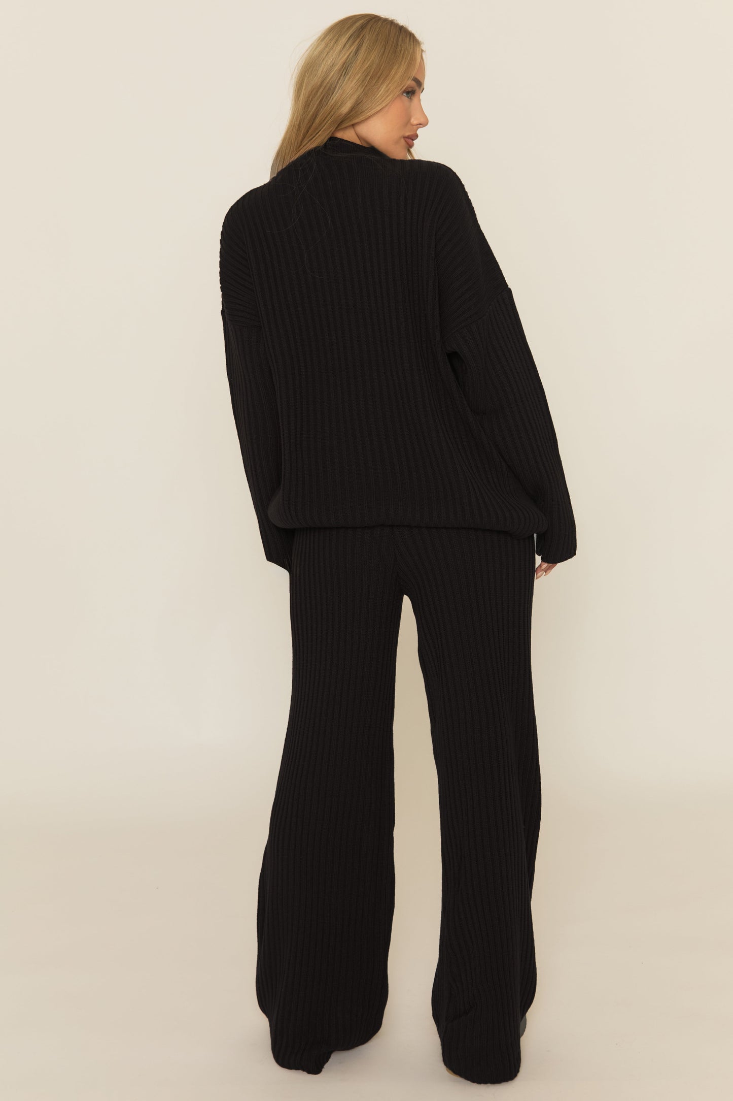 Black Contrast Motif Ribbed Knit Loungewear Co-ord Set - Ammae