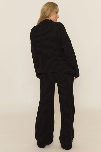 Black Contrast Motif Ribbed Knit Loungewear Co-ord Set - Ammae